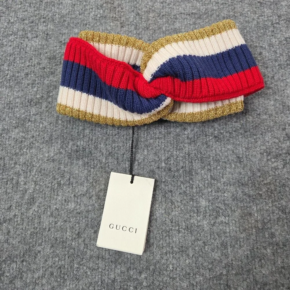 GUCCI SYLVIE WEB WOOL‎ HEADBAND Red/Blue/White/Gold Knit NEW W/ Tags RARE Medium